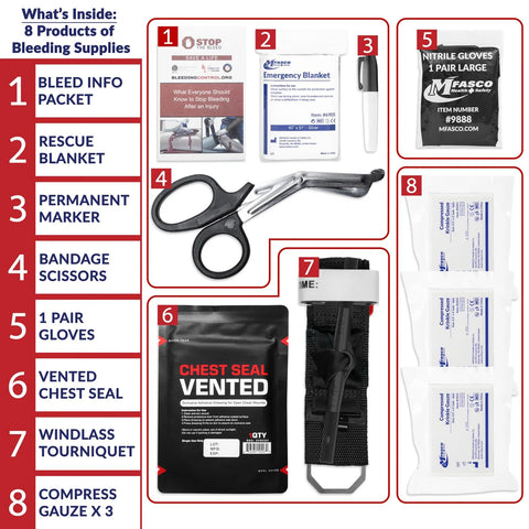 MFASCO Stop-The-Bleed 10-piece kit contents: tourniquet, chest seal, gauze, scissors, blanket, gloves, marker, info packet