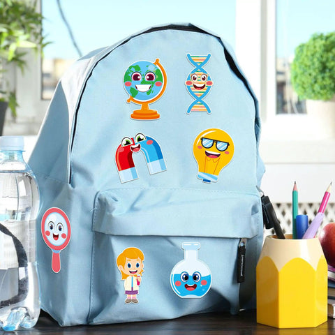 24 Pack Science Theme Make Your Own Face Stickers on blue backpack, featuring science designs for DIY crafts and party games