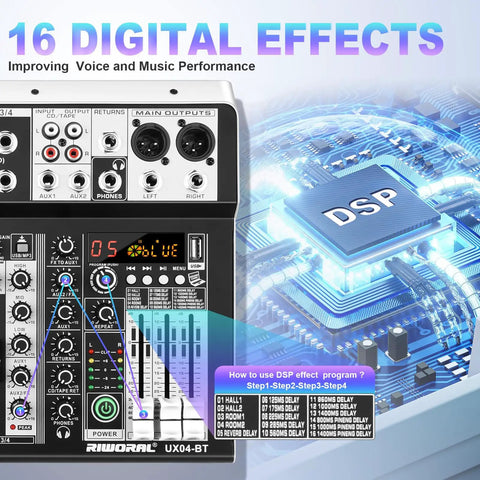 4 Channel Karaoke DJ Mixer With Bluetooth USB Audio Interface 16 Bit DSP Effects Plus 48V Phantom Power for Live Streaming