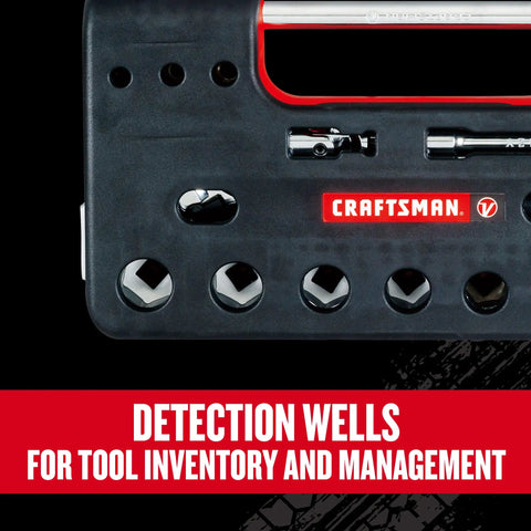V Series 3 8 Inch Drive Socket Set, 18 Piece, showing detection wells for tool inventory and management