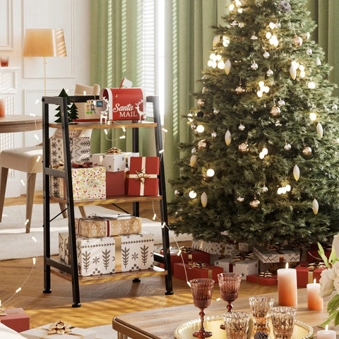 Rock Solid 3 Tier Ladder Bookshelf With Heavy Duty Steel Frame Rustic Brown Metal Display Stand Up Shelves For Living Room Home Office, decorated with gifts.