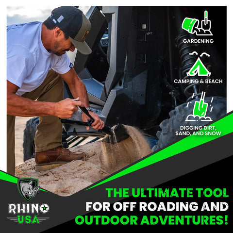 Folding Survival Shovel With Pick And Hoe 3 In 1 Tough As Nails Heavy Duty Carbon Steel Entrenching Tool in use on sandy beach