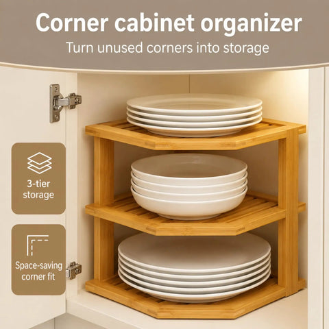 Total Kitchen Game Changer, Super Handy Bamboo Corner Shelf, 3 Tier Plate Rack in cabinet with white plates.
