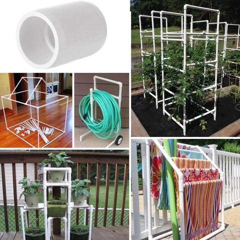 Collage showcasing uses of Three Quarter Inch PVC Pipe Coupling Adapters Socket To Socket Slip Connectors Sch40 White