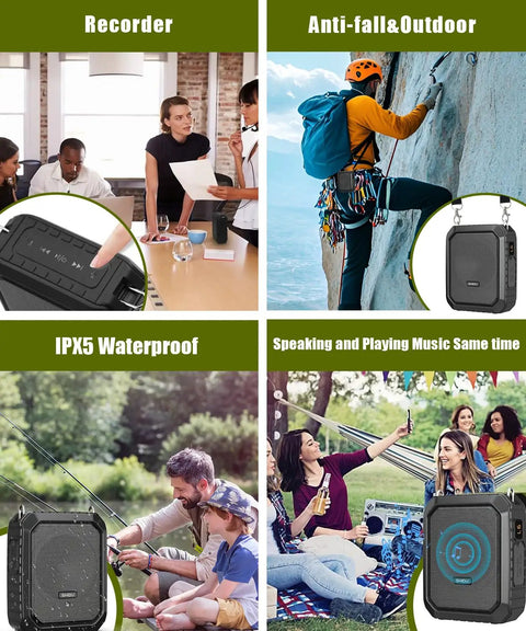Collage of Beefy 18W Voice Amplifier showing classroom, outdoor use, IPX5 waterproof, and Bluetooth speaker features.
