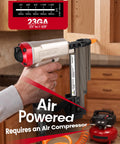 Using 23-gauge pin nailer kit with the Workhorse 6000 galvanized pins on wood paneling, includes air compressor.