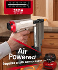 Pneumatic 23 Gauge Pin Nailer Bundle With 10000 Piece Galvanized Pins For Smooth Trim Job and Woodwork, showcasing gauge markings and air compressor.
