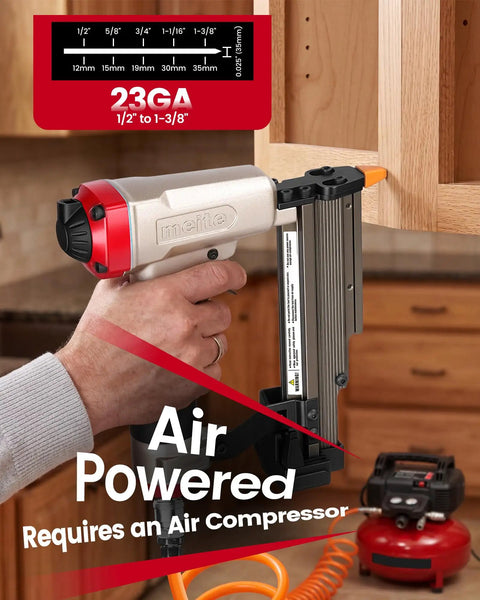Pneumatic 23 Gauge Pin Nailer Bundle With 10000 Piece Galvanized Pins For Smooth Trim Job and Woodwork, showcasing gauge markings and air compressor.