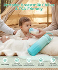 Portable Breast Milk Chiller With Two Bottles Insulated 22 Oz Cooler in use, baby drinking milk from bottle with parents outdoors.
