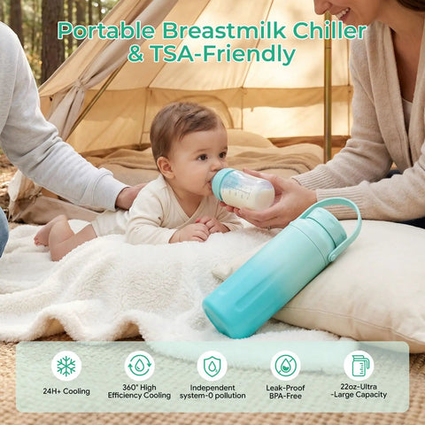 Portable Breast Milk Chiller With Two Bottles Insulated 22 Oz Cooler in use, baby drinking milk from bottle with parents outdoors.