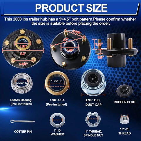 Pair Of Two 2000 Lb Idler Hub Assemblies For Utility Trailers With 5 On 4.5 Bolt Pattern That Swaps Right Onto 1 1/16 Inch Straight Spindles product size diagram with dimensions and parts labeled.