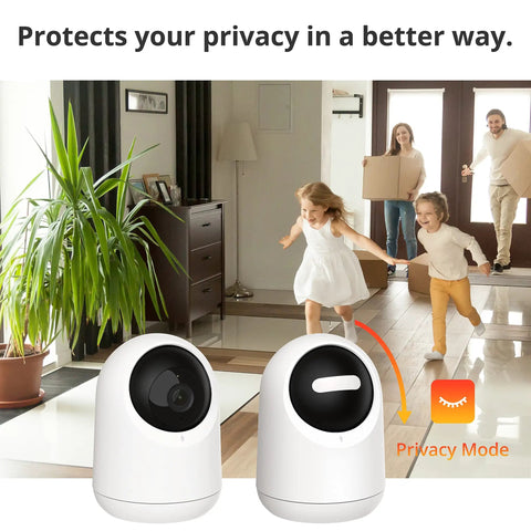 Pan Tilt 2K Indoor Camera With Thermometer Hygrometer And Hub Mini All In One Smart Home Surveillance Kit Environmental Monitoring And Automated Control For Comfort And Safety in privacy mode in a family living room setting