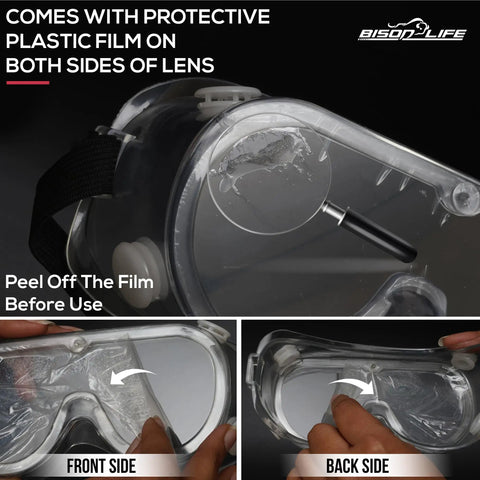 3 Pack Clear Anti-Fog Safety Goggles With Adjustable Strap ANSI Z87.1 showing protective film removal from lenses