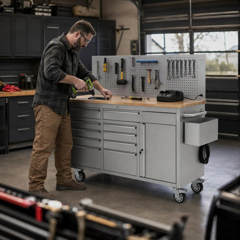 Man using a Heavy Duty Rolling Tool Chest With Ball Bearing Slides And Rock Solid Steel Workbench Storage Rack in a garage.