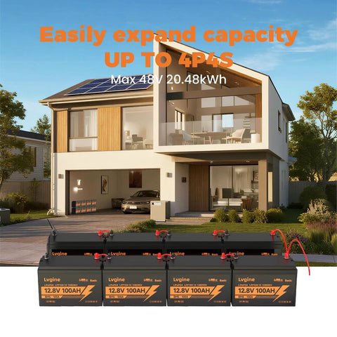 12V 100Ah LiFePO4 Battery With 100A BMS And 15000 Plus Deep Cycles shown in front of a modern home with solar panels