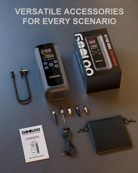 Dual Cylinder Tire Inflator With Auto Shut Off, 4X Faster Portable Air Compressor seen with accessories and packaging