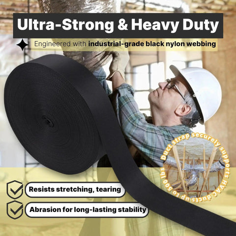Heavy Duty Duct Strap 1.95 Inch By 49 Foot Black Nylon Strapping For HVAC Ducts in use during installation