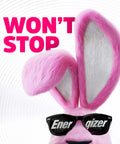Cartoon pink bunny wearing sunglasses, promoting energizing power. Ideal for battery advertisement and playful branding.