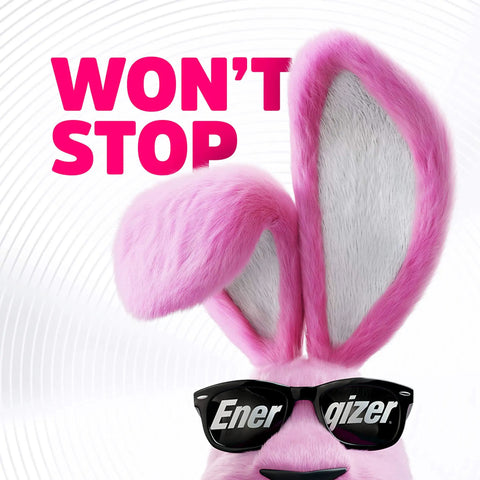 Cartoon pink bunny wearing sunglasses, promoting energizing power. Ideal for battery advertisement and playful branding.