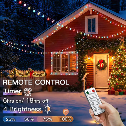 Pastel Globe USB String Lights 33Ft With 100 LEDs Easy Timer And Remote Indoor Outdoor Party Decor For Easter Dorm Rooms Classrooms Patio Garden Trees And Spring Vibes lighting up snow-covered house at night with remote control in hand.
