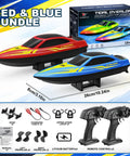 2-Pack RC Boats For Pool And Lake Fun With 2 Controllers, red and blue models, box packaging, accessories, and dimensions shown.