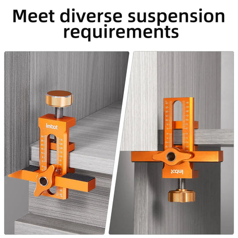 Pro Grade Aluminum Cabinet Door Alignment Jig For Frameless And Face Frame Install, showcasing micro-adjustable features and orange finish.