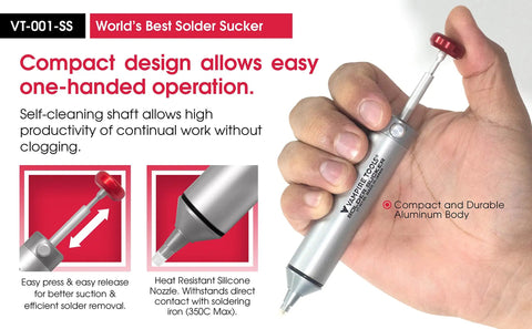 Hand holding Pro Grade Solder Sucker Desoldering Pump With Elastic Silicone Nozzle High Power Vacuum Heavy Duty Solder Removal Tool For Electronics 350 C Max Compact Design SS03