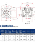 Technical drawing of Ultra Compact Harmonic Gearbox Reducer 50 to 1 for Robotic Arms with main specifications in mm