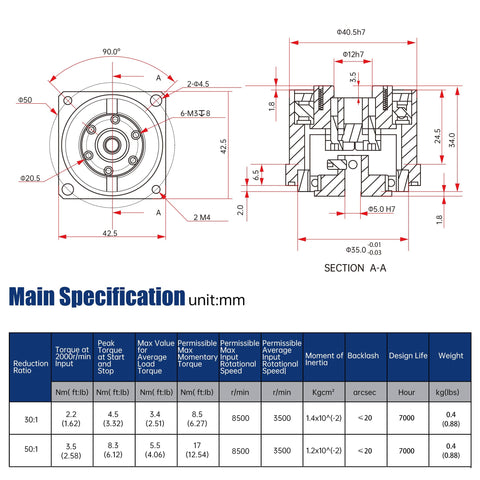 Technical drawing of Ultra Compact Harmonic Gearbox Reducer 50 to 1 for Robotic Arms with main specifications in mm