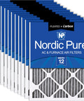 Pack of 12 20x25x1 MERV 12 pleated furnace air filters with carbon odor control, visible Nordic Pure branding, durable design