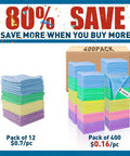 TEAWOO microfiber towels, 12x12 inches; front view shows a stack of pastel towels and a multicolor 400-pack box.