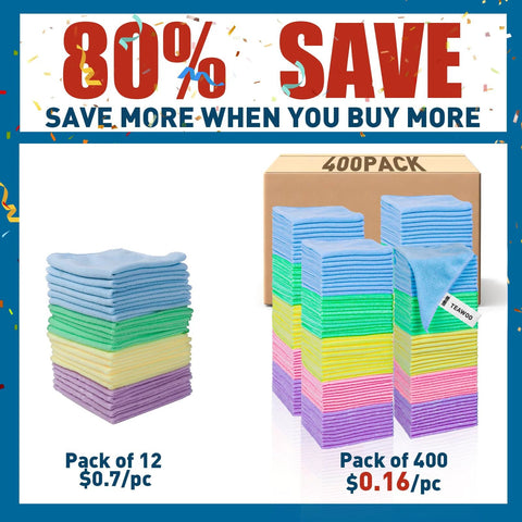 TEAWOO microfiber towels, 12x12 inches; front view shows a stack of pastel towels and a multicolor 400-pack box.
