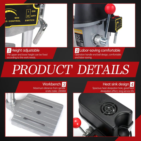 Collage of powerful benchtop drill press features highlighting height adjustment, labor-saving design, workbench, and heat sink