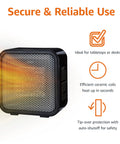 Ceramic Portable Mini Space Heater for Desk and Office Use, Fast Heating, Energy Efficient 500W, Black, safety features displayed