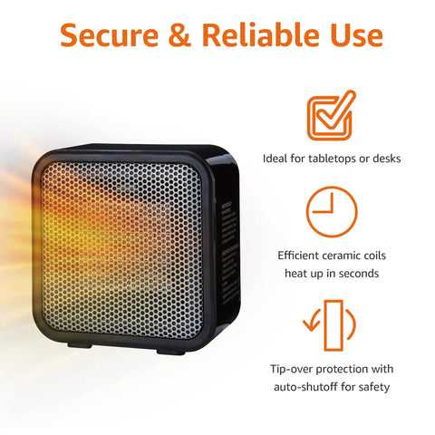 Ceramic Portable Mini Space Heater for Desk and Office Use, Fast Heating, Energy Efficient 500W, Black, safety features displayed