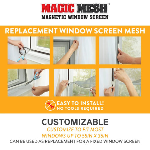 DIY Magnetic Window Screen Kit installation images showing use on windows up to 55x36 inches, with easy magnetic edge application.