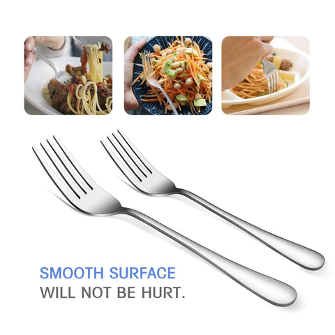 Two forks from the 24 Piece Stainless Steel Silverware Set For 4 Dishwasher Safe Flatware Utensils With Knife Fork Spoon Steak Knife And Black Wire Mesh Storage Tray Included