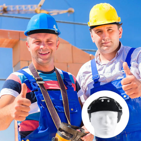 Construction workers in hard hats with inset of Bulk 50 Pack Hard Hat Sweatband Liners Cotton Washable Reusable Helmet Sweat Bands