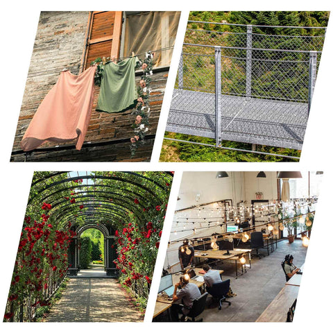 Image collage with clothes drying, wire fence, garden path, and office space, illustrating uses for premium wire rope crimp tool kit.