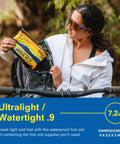 Person holding Ultralight Watertight Medical Kit.9 for up to 4 people, yellow and blue, next to a bike, in outdoor setting.
