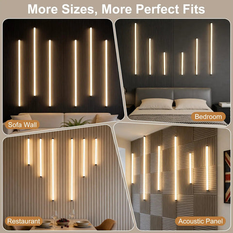 LED Recessed Lighting Kit for Slat Wall Panels, 6PCS Dimmable 3000K Warm White LED Strip Lights with Touch Switch on various wall designs.