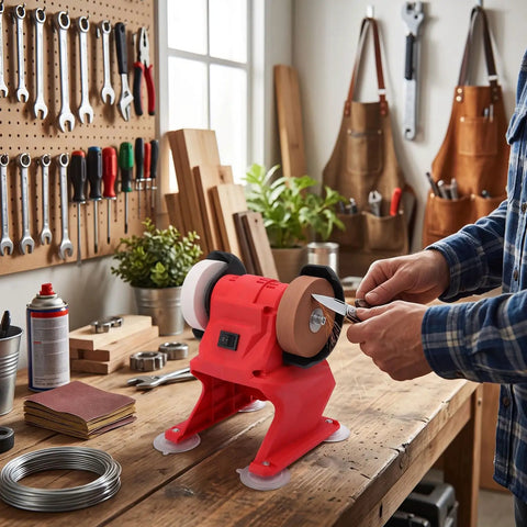 Hassle Free Cordless Mini Bench Grinder Spinning At 5500 Rpm For Lightning Fast Metal Polishing in a workshop setup.