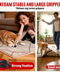 Non Slip Rug Grippers Corner Tapes Set That Will Not Damage Floors, with dog on rug showing strong hold