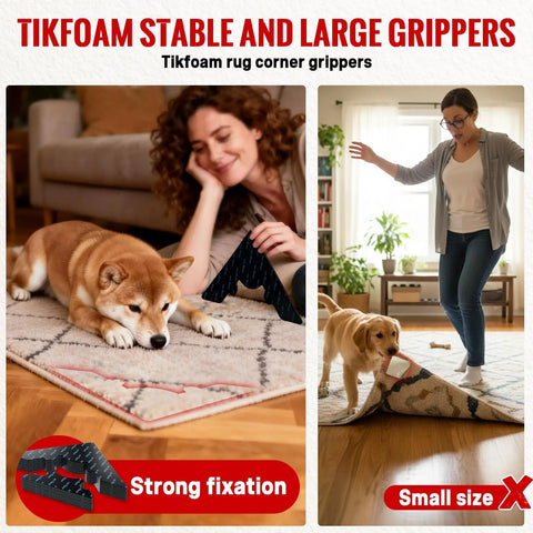 Non Slip Rug Grippers Corner Tapes Set That Will Not Damage Floors, with dog on rug showing strong hold