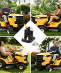 Starter solenoid Tecreddy 725-06153A, black with copper terminals; center collage with four yellow riding lawn mowers.