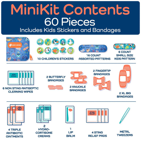 KeepGoing Kids Travel First Aid Kit, 60-piece contents; compact 4.5 x 3.5 x 2 in, TSA-approved with latex-free bandages