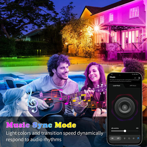 Group enjoying colorful 50ft Outdoor LED Strip Lights Waterproof IP68 RGB with Button and Bluetooth App Control, Music Sync, Timer.