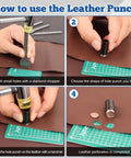How to use All In One Leather Punch Kit With 52 Shape Punch Cutters, Diamond Prong Chisels, and Rubber Mallet on leather.