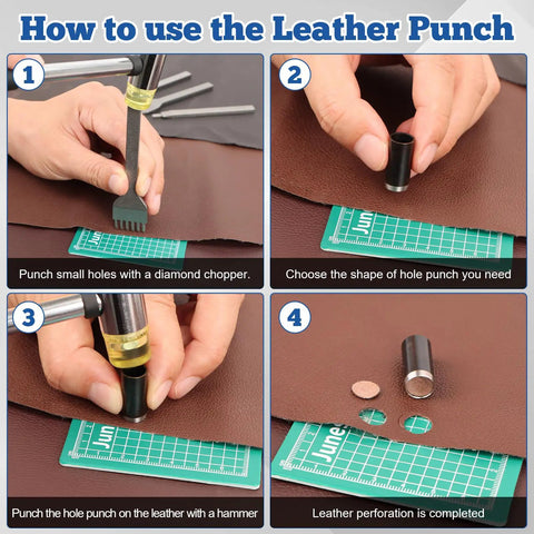 How to use All In One Leather Punch Kit With 52 Shape Punch Cutters, Diamond Prong Chisels, and Rubber Mallet on leather.