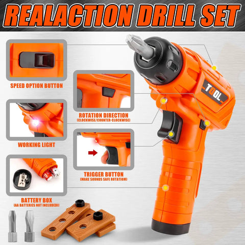 Realistic Kids Electric Drill Set For Ages 3 And Up, Pretend Play Power Drill features and parts